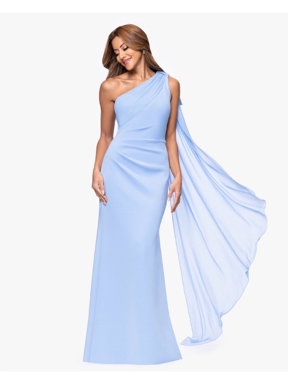 Xscape SZ 14 NWT Blue One Shoulder Scuba Gown Cape Formal Evening Dress GALA MOB